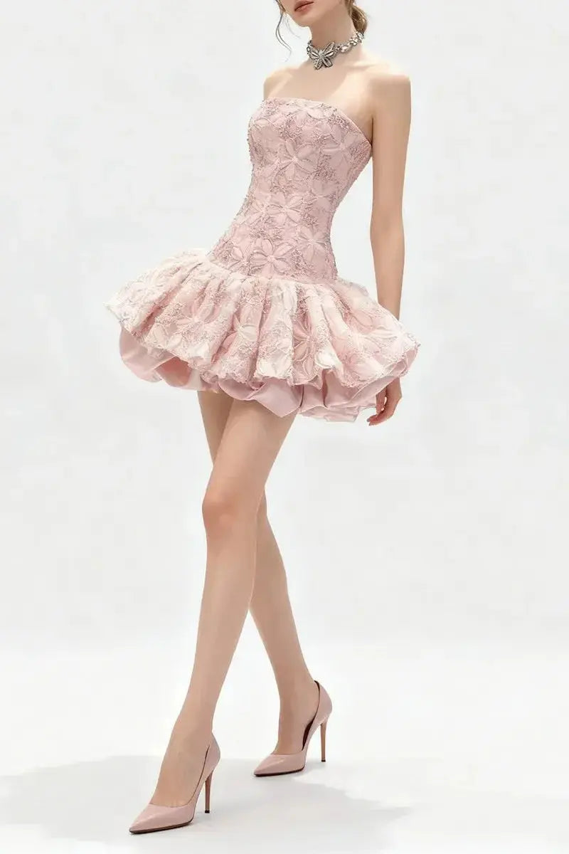 katherine Embroidered Lace Ruffle Mini Dress in pink Avalabel