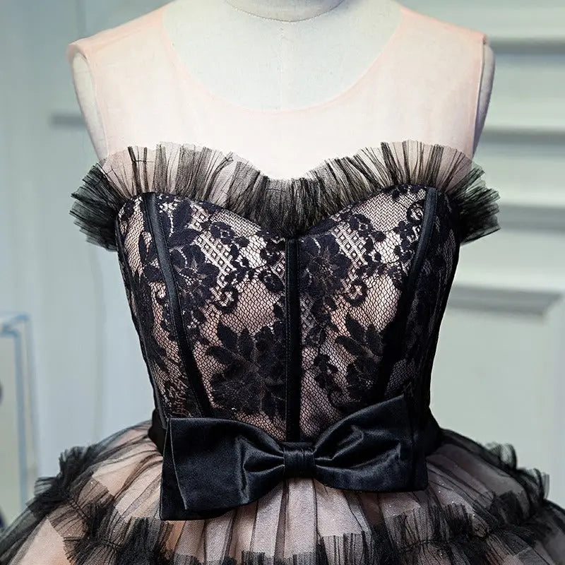 Lorraine Bow Lace Strapless Puffy Mini Dress in Black Avalabel