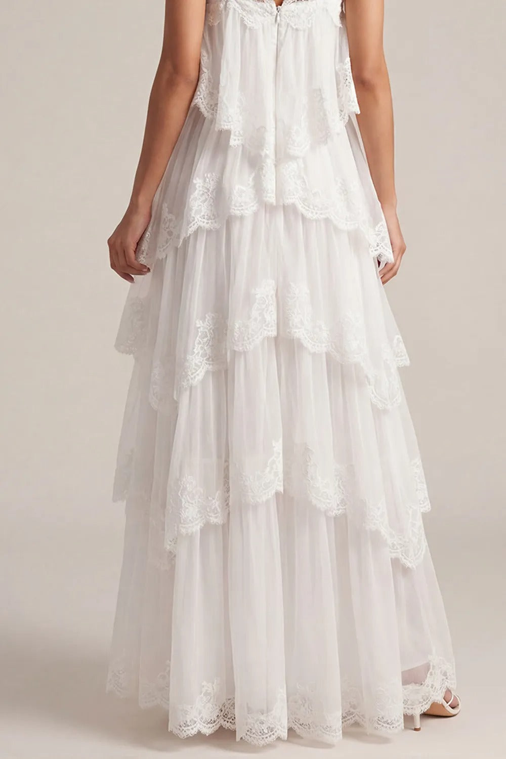 White Tiered Lace Spaghetti Strap Maxi Dress Avalabel