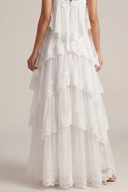 White Tiered Lace Spaghetti Strap Maxi Dress Avalabel