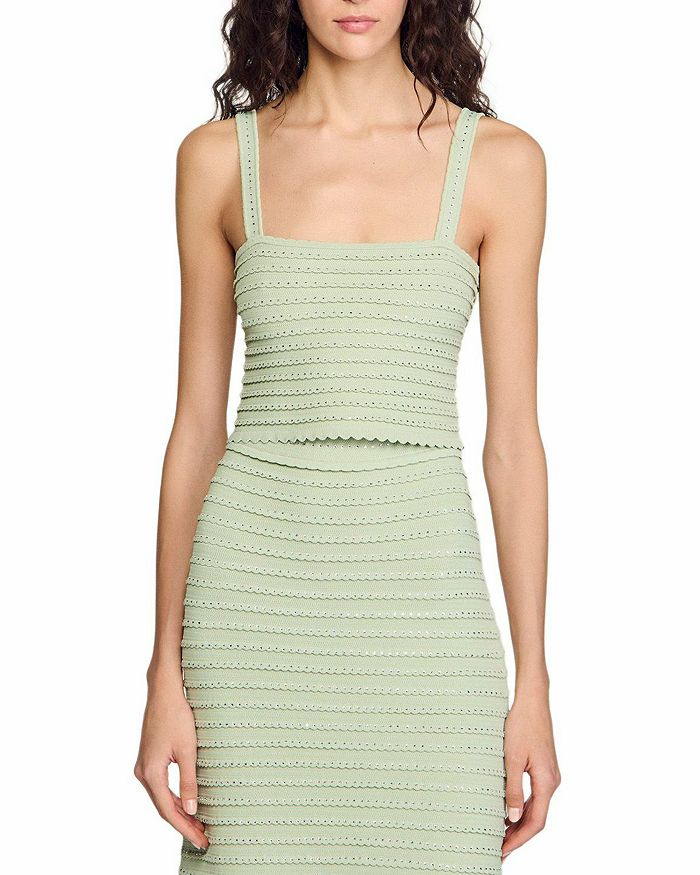 Rhinestone Trim Knit Crop Top in Almond Green Avalabel
