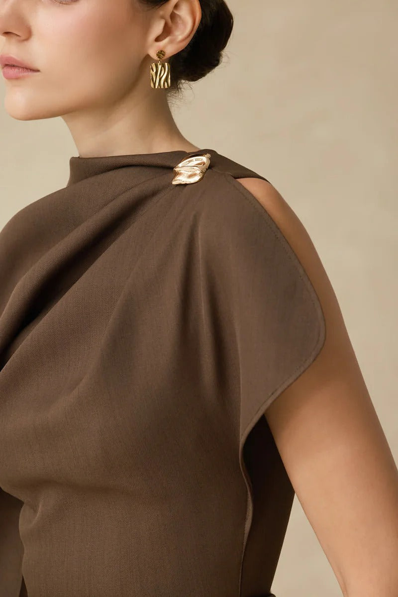 agatha Asymmetric Sleeve Draped Mini Dress in brown Avalabel