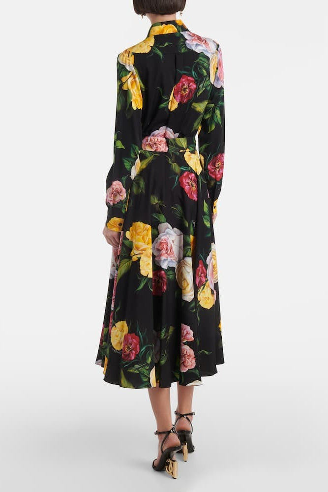 Black Floral Print Shirt & Midi Skirt Co-ord Set Avalabel