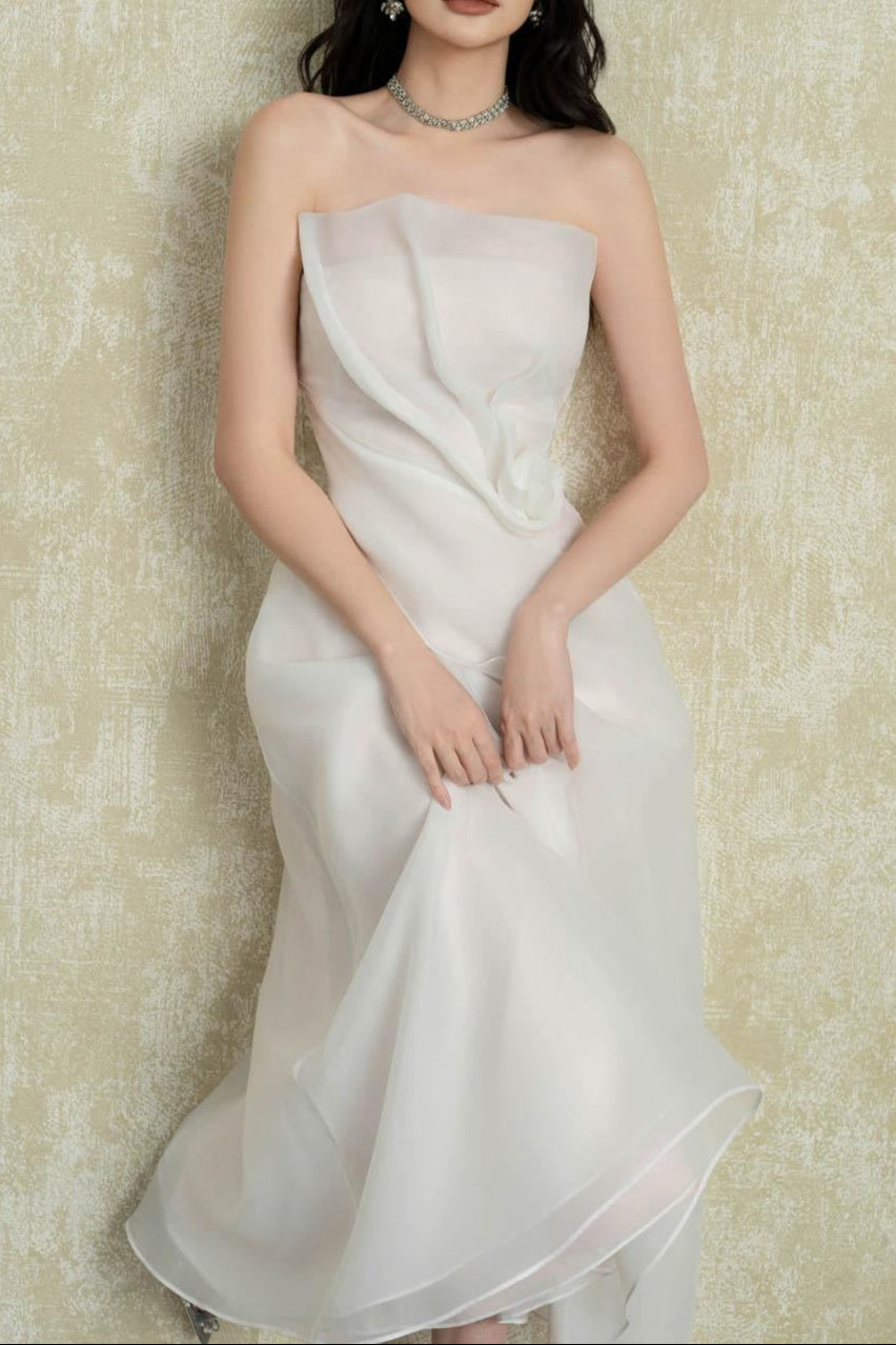Strapless Layered Organza Midi Dress in White Soraya