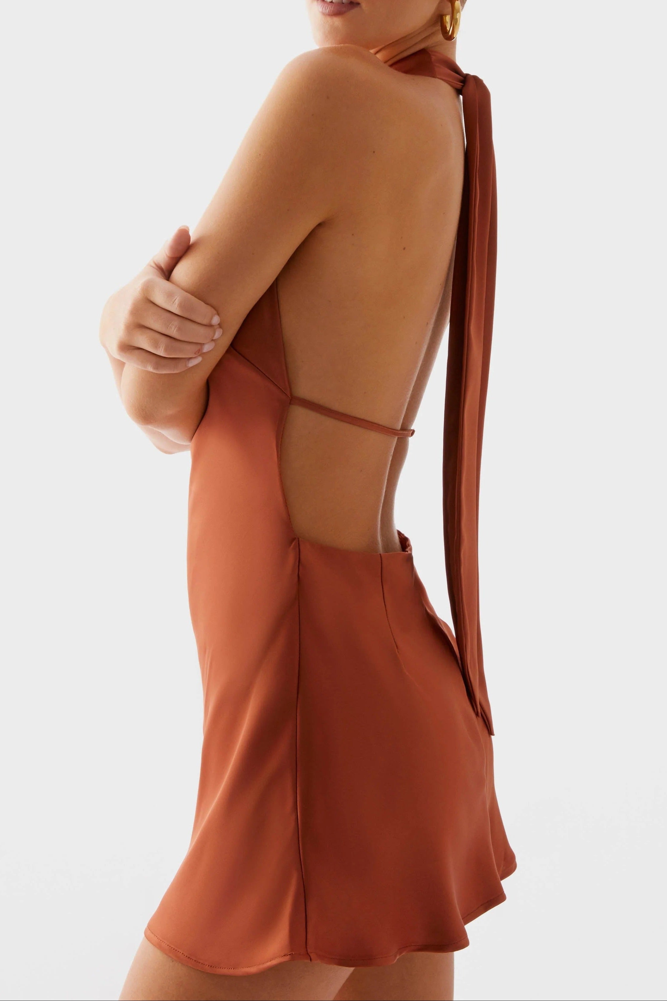 Halter Backless Satin Mini Dress in Rust Avalabel