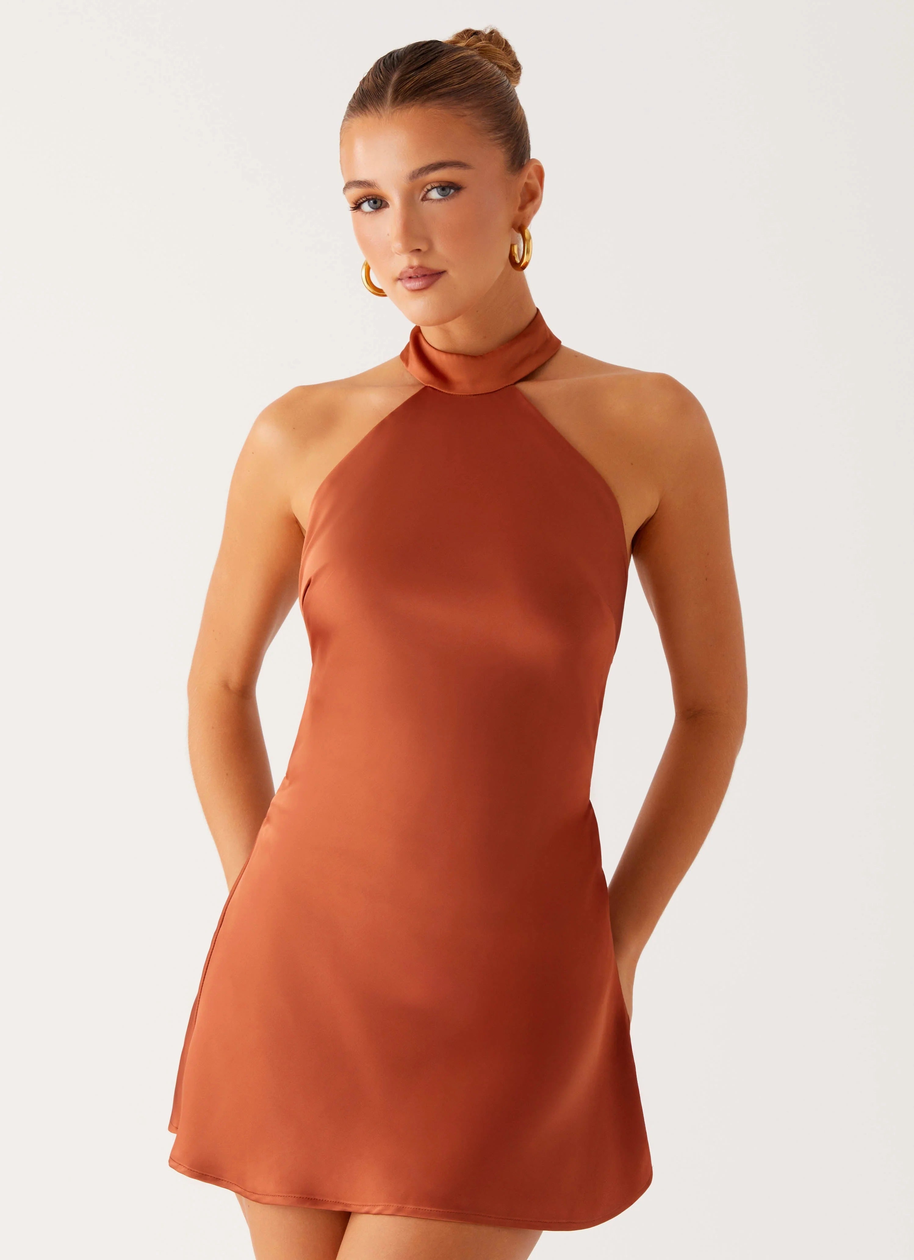 Halter Backless Satin Mini Dress in Rust Avalabel