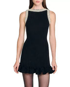 simona ruffle trim Beaded mini Dress in black Avalabel