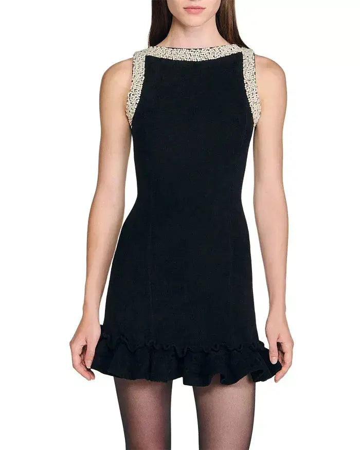 simona ruffle trim Beaded mini Dress in black Avalabel