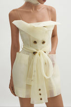 Spaghetti Strap Organza Belted Double-Breasted Mini Trench Dress poava