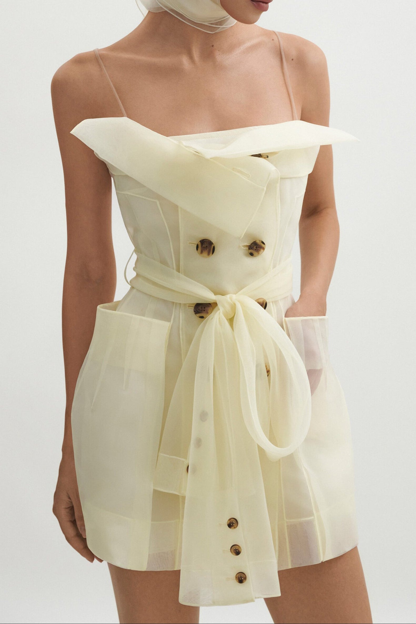 Spaghetti Strap Organza Belted Double-Breasted Mini Trench Dress poava