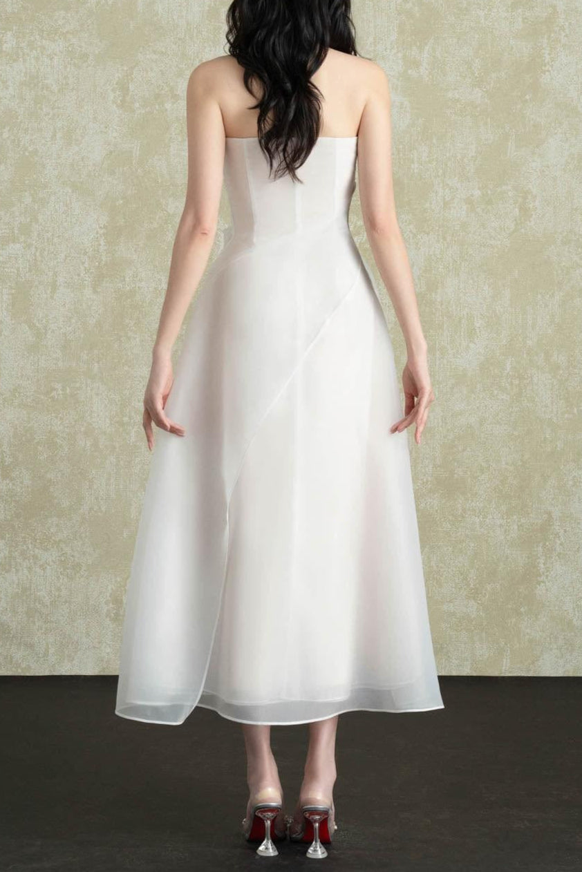 Strapless Layered Organza Midi Dress in White Soraya