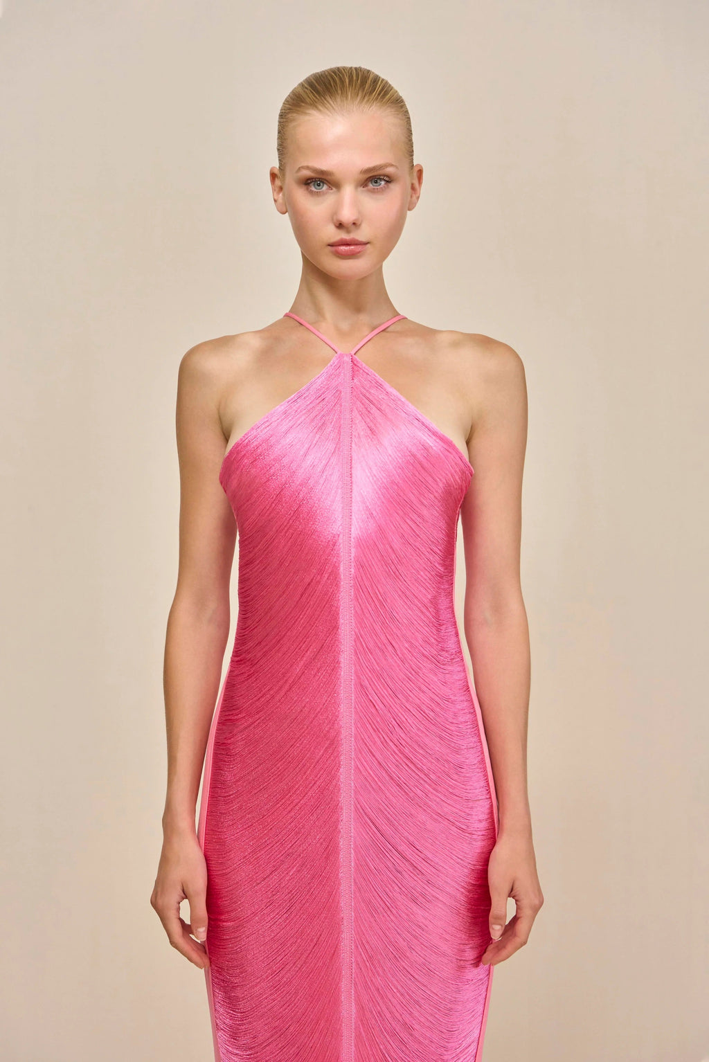 tassel rear slit halterneck dress Avalabel