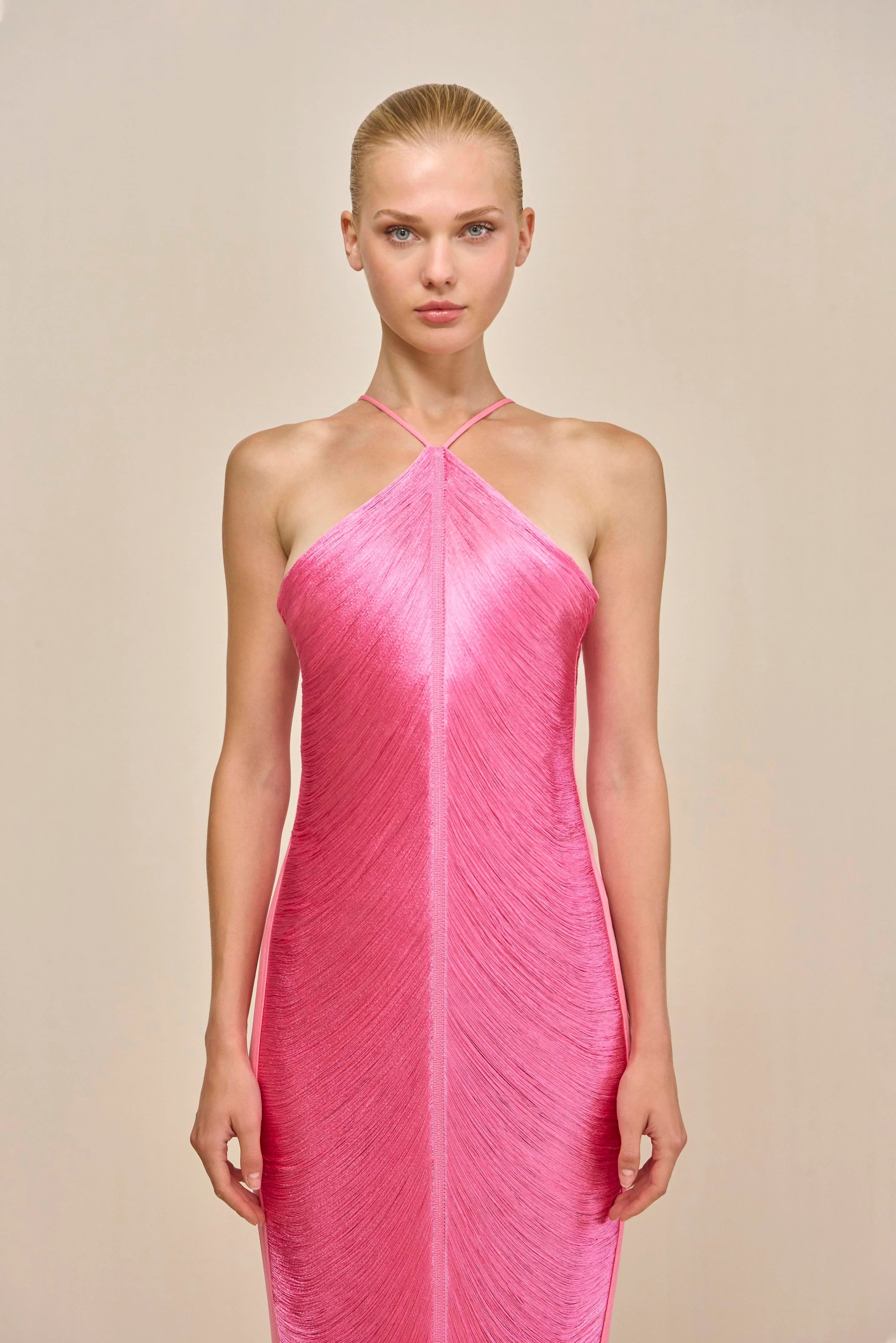 tassel rear slit halterneck dress Avalabel