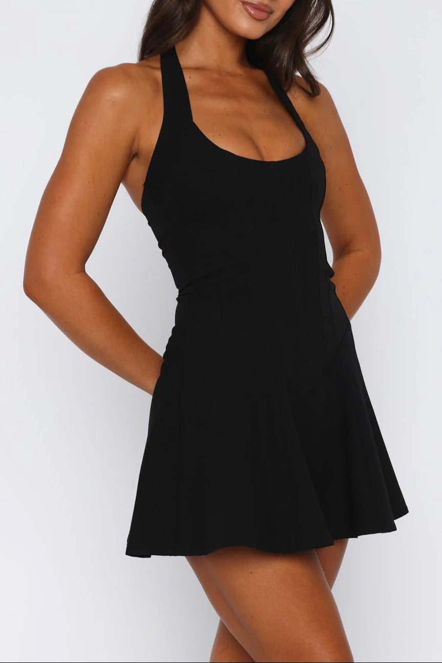 Roxanne Backless Halter Mini Dress in Black Avalabel