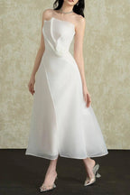 Strapless Layered Organza Midi Dress in White Soraya