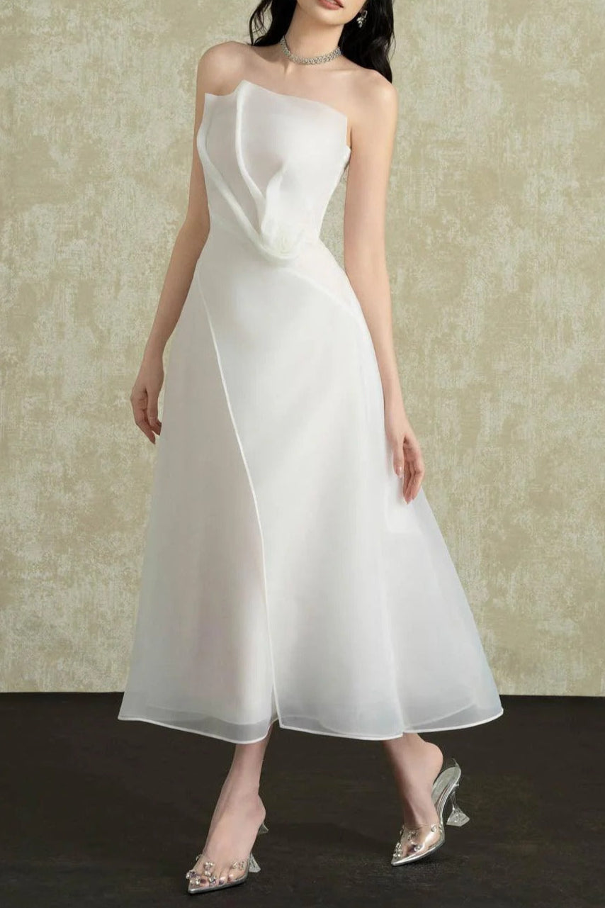 Strapless Layered Organza Midi Dress in White Soraya