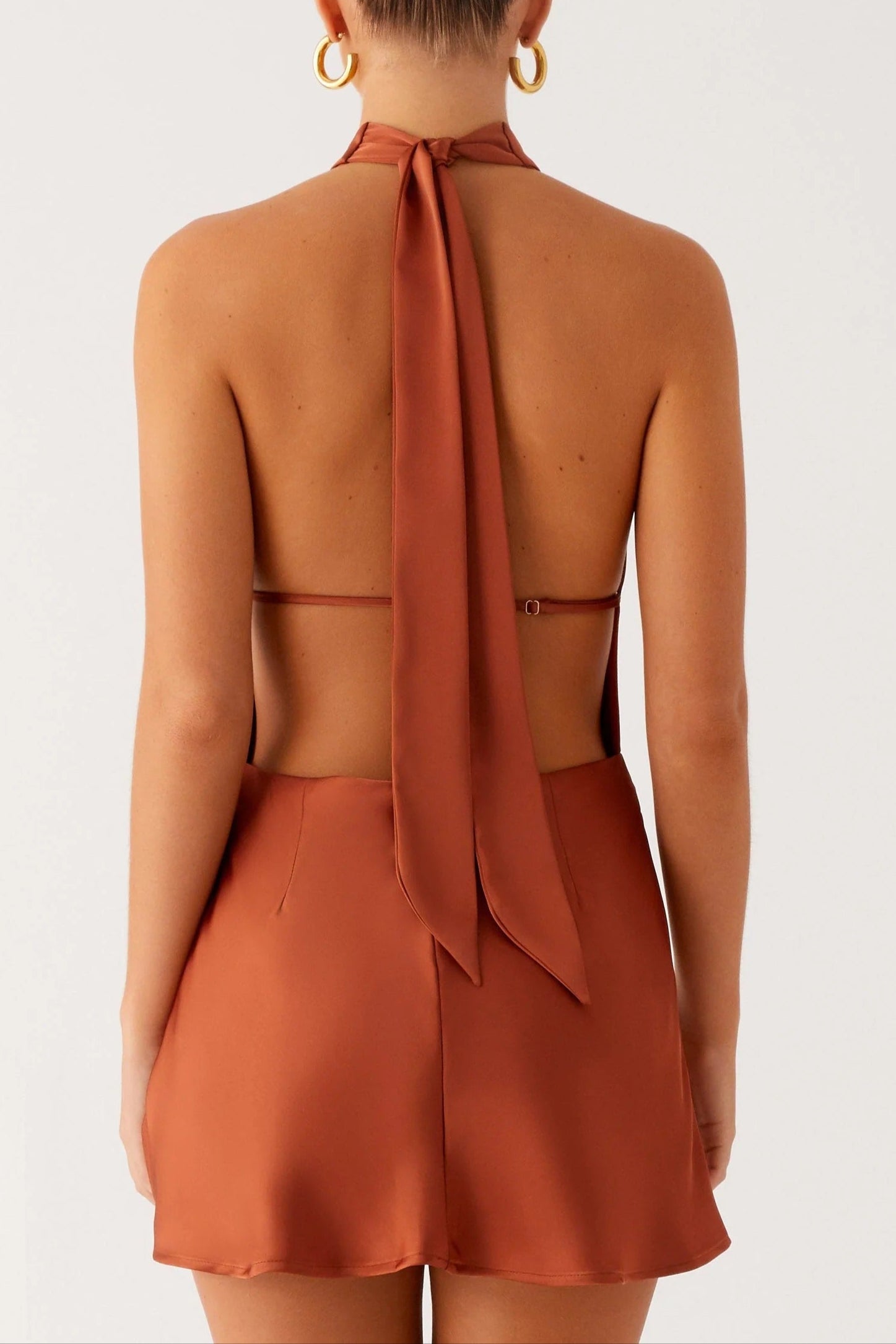 Halter Backless Satin Mini Dress in Rust Avalabel