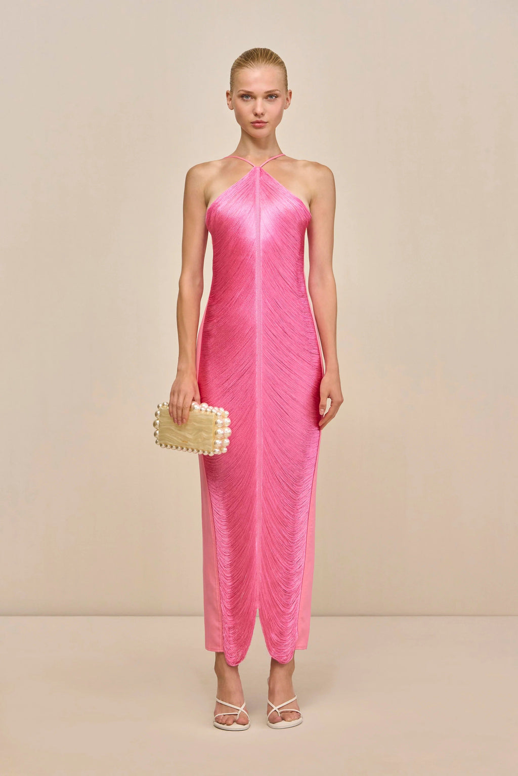 tassel rear slit halterneck dress Avalabel