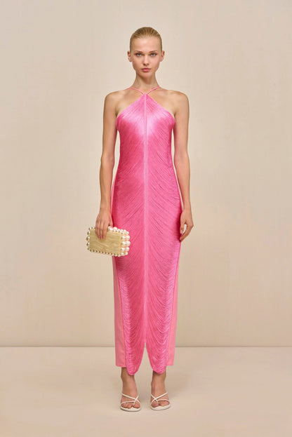 tassel rear slit halterneck dress