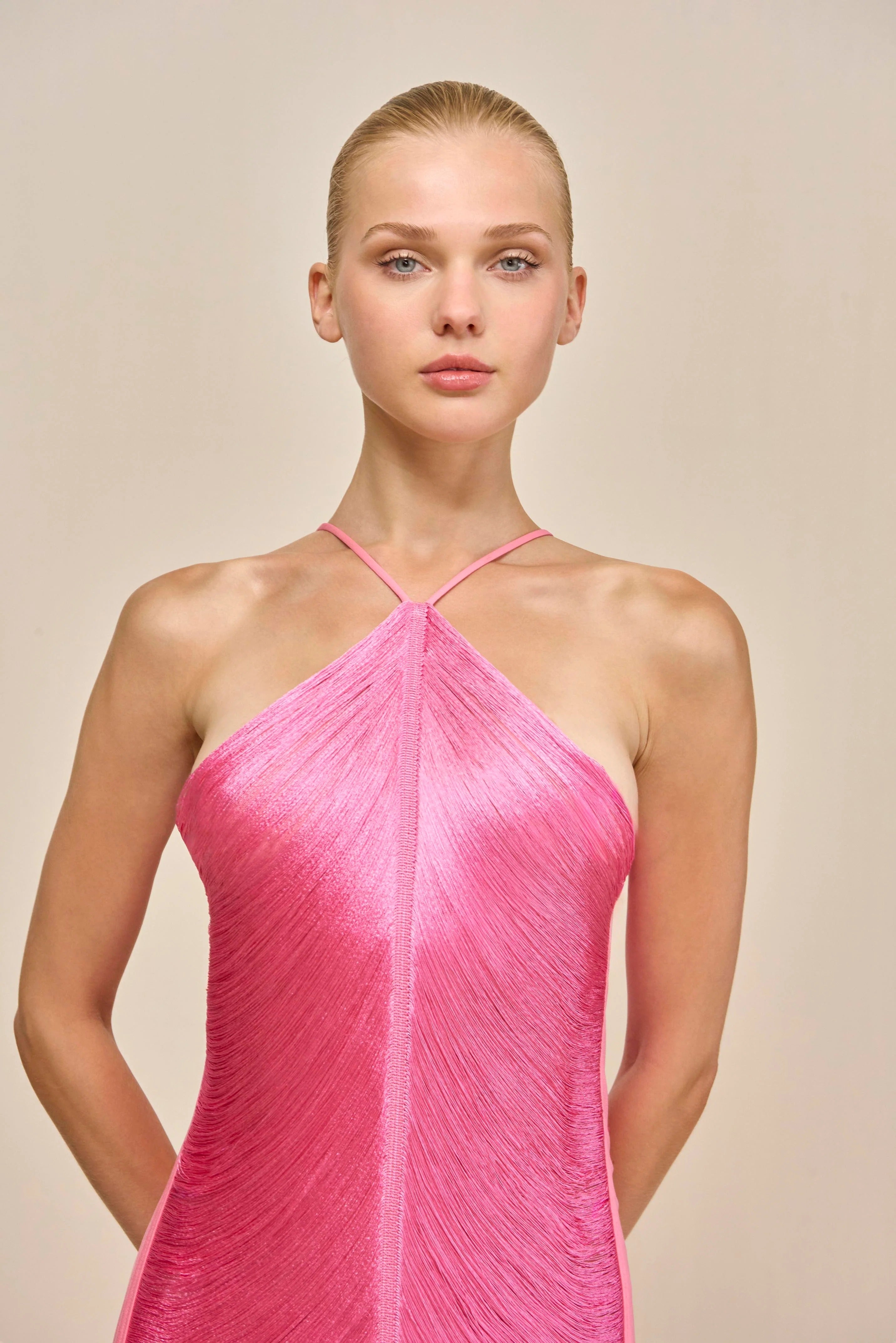 tassel rear slit halterneck dress Avalabel