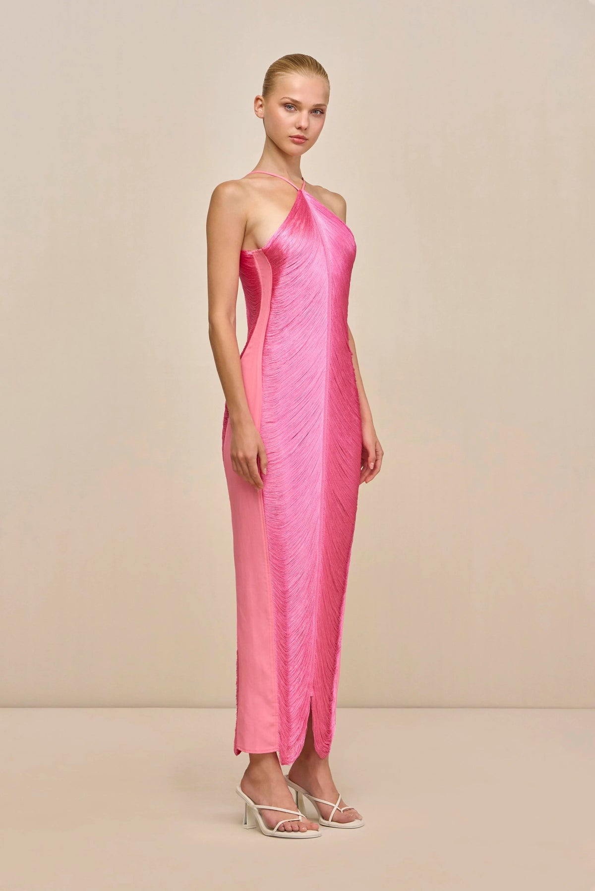 tassel rear slit halterneck dress Avalabel