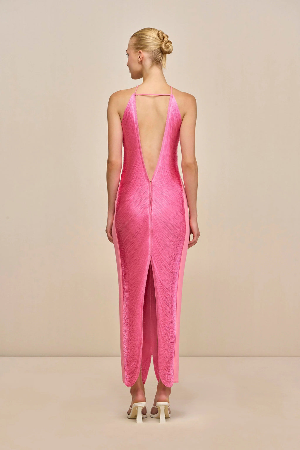 tassel rear slit halterneck dress Avalabel