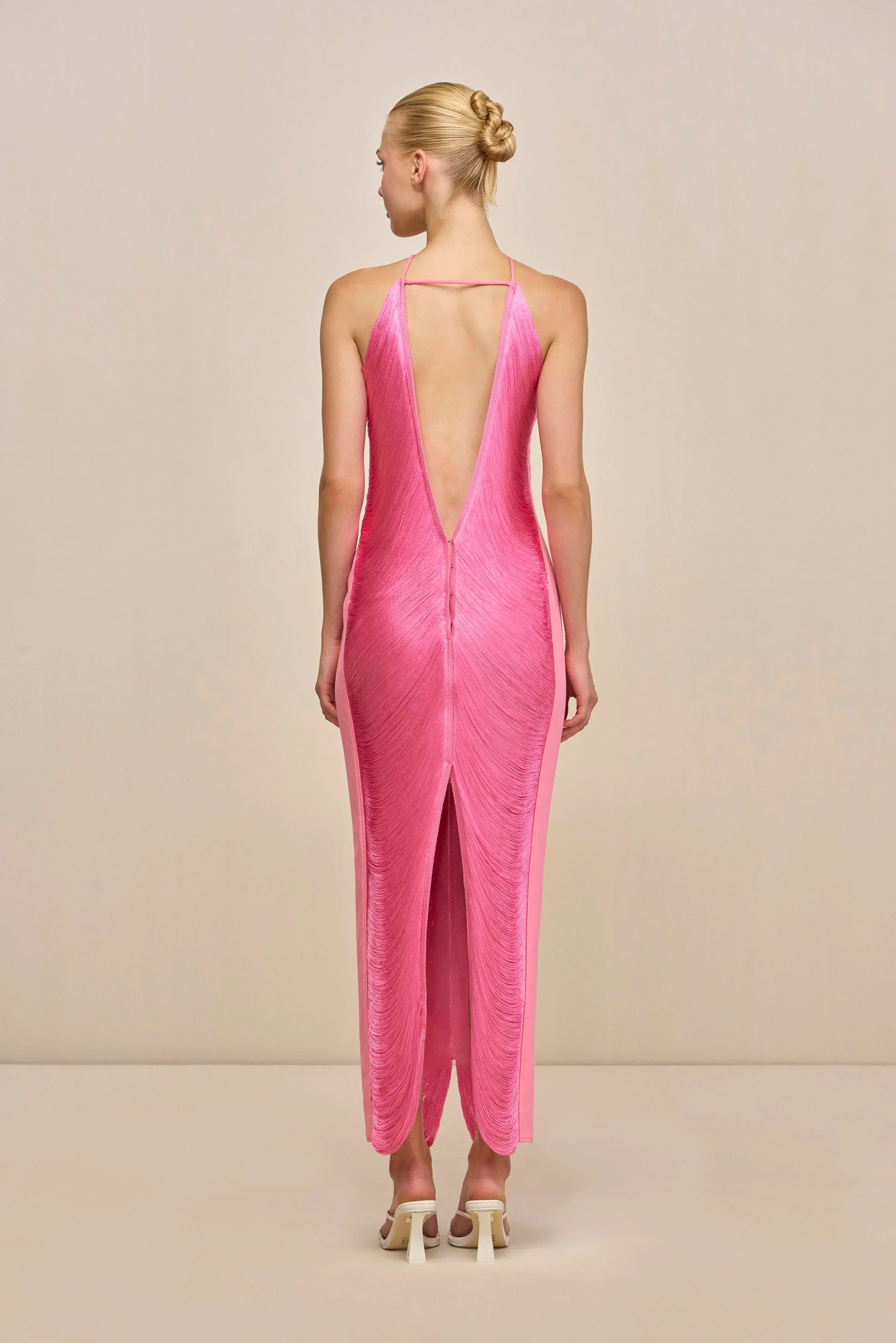tassel rear slit halterneck dress Avalabel