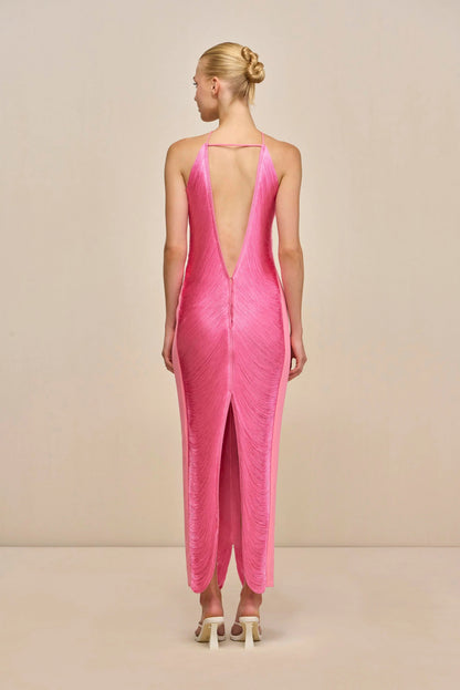 tassel rear slit halterneck dress