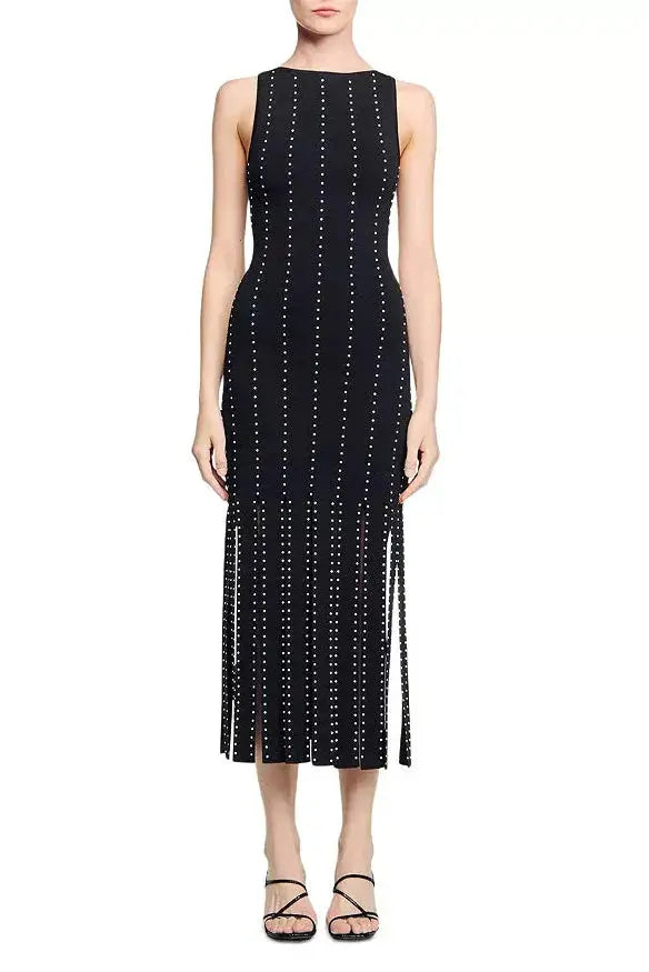 marjorie Fringed Knit Maxi Dress in black Avalabel