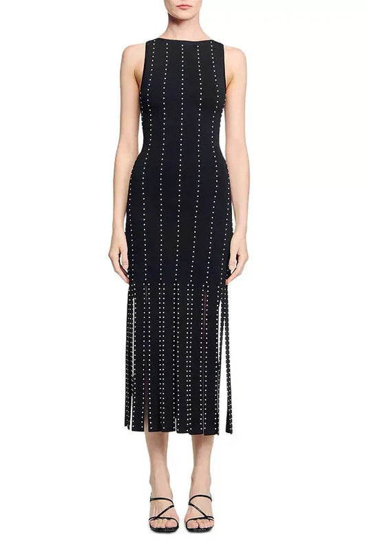 marjorie Fringed Knit Maxi Dress in black