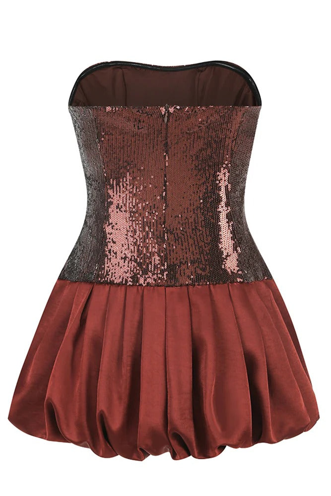 Strapless Sequin Bubble Mini Dress in Brown Avalabel