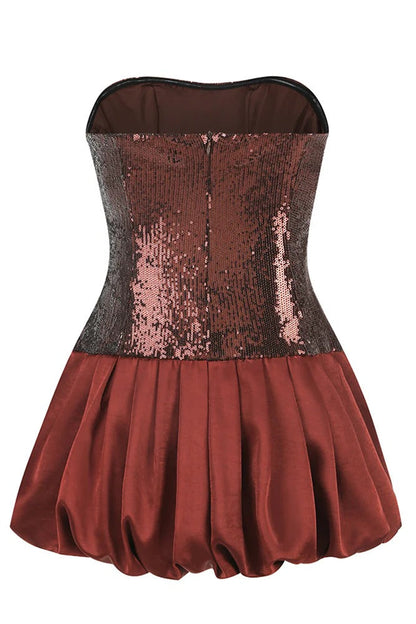 Strapless Sequin Bubble Mini Dress in Brown