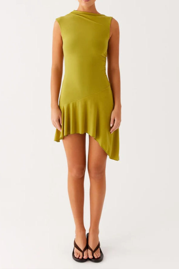 Mesh Pleated Bodycon Mini Dress in Lime Avalabel