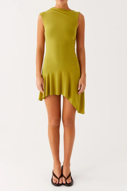 Mesh Pleated Bodycon Mini Dress in Lime