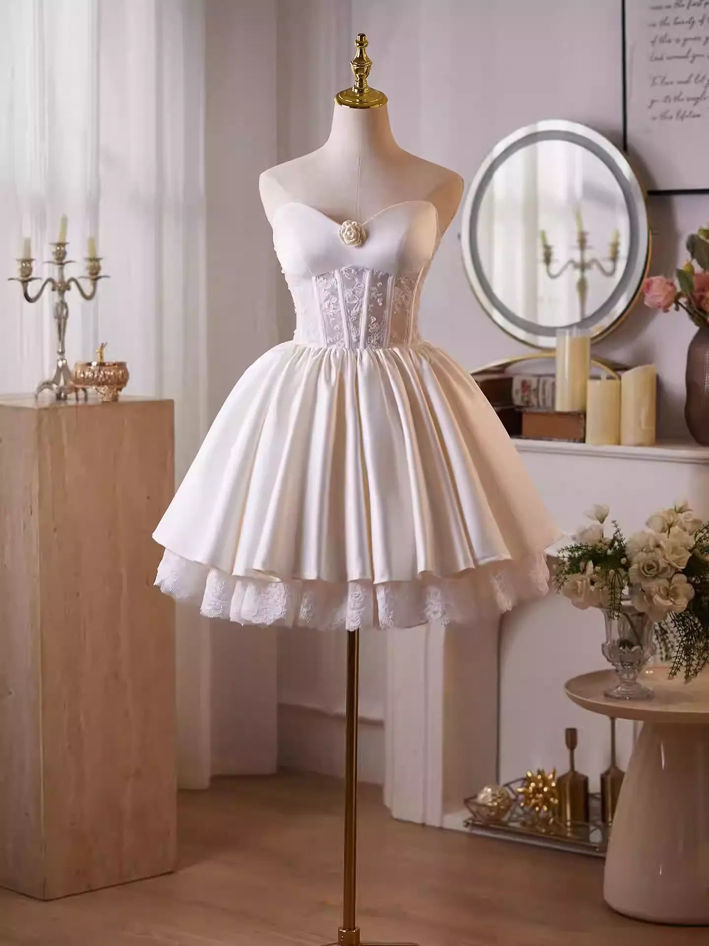Helen White Flower Strapless Lace Satin Mini Dress Avalabel