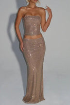 mirabelle sequin tube top maxi skirt suit in gold Avalabel