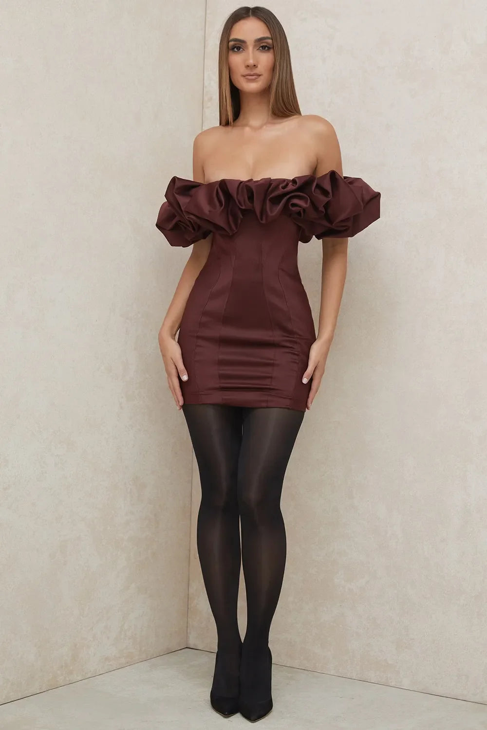 Burgundy Satin Ruffle Strapless Mini Dress Avalabel