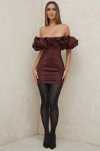 Burgundy Satin Ruffle Strapless Mini Dress Avalabel