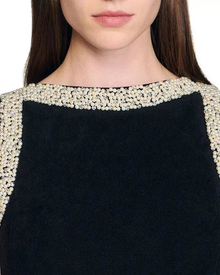 simona ruffle trim Beaded mini Dress in black Avalabel
