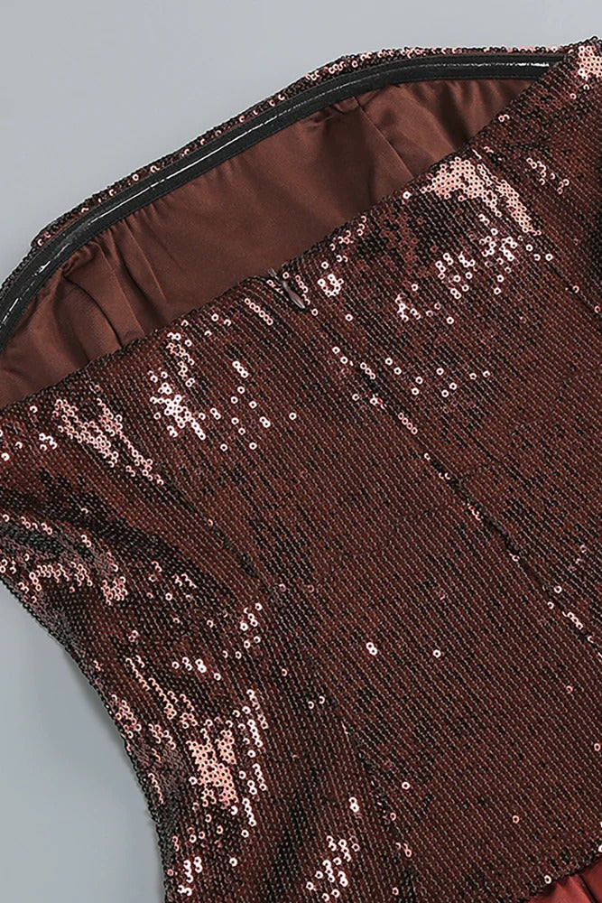 Strapless Sequin Bubble Mini Dress in Brown Avalabel