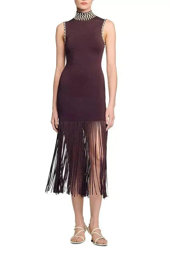 lara Brown Fringe Knit Embellished sleevless midi Dress Avalabel