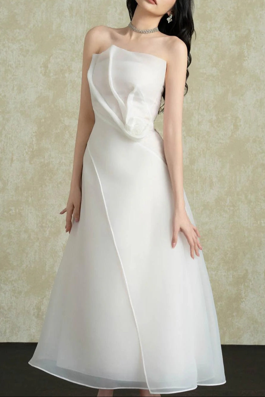 Strapless Layered Organza Midi Dress in White Soraya