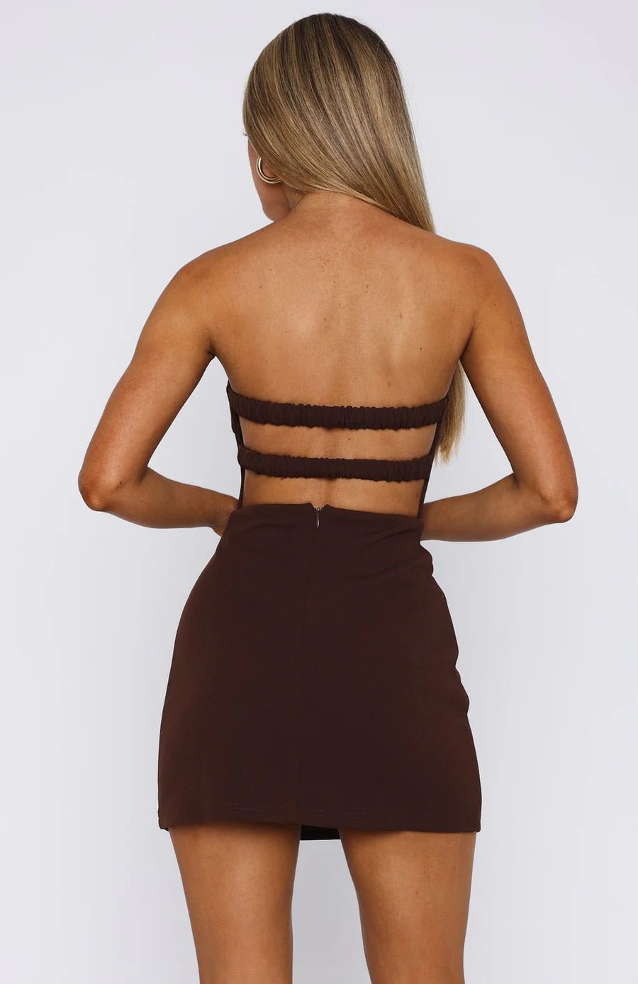 Backless Strapless Slim Mini Dress in Brown Avalabel