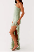 One-Shoulder Slit Ruffle Trim Maxi Dress in Sage Green Avalabel