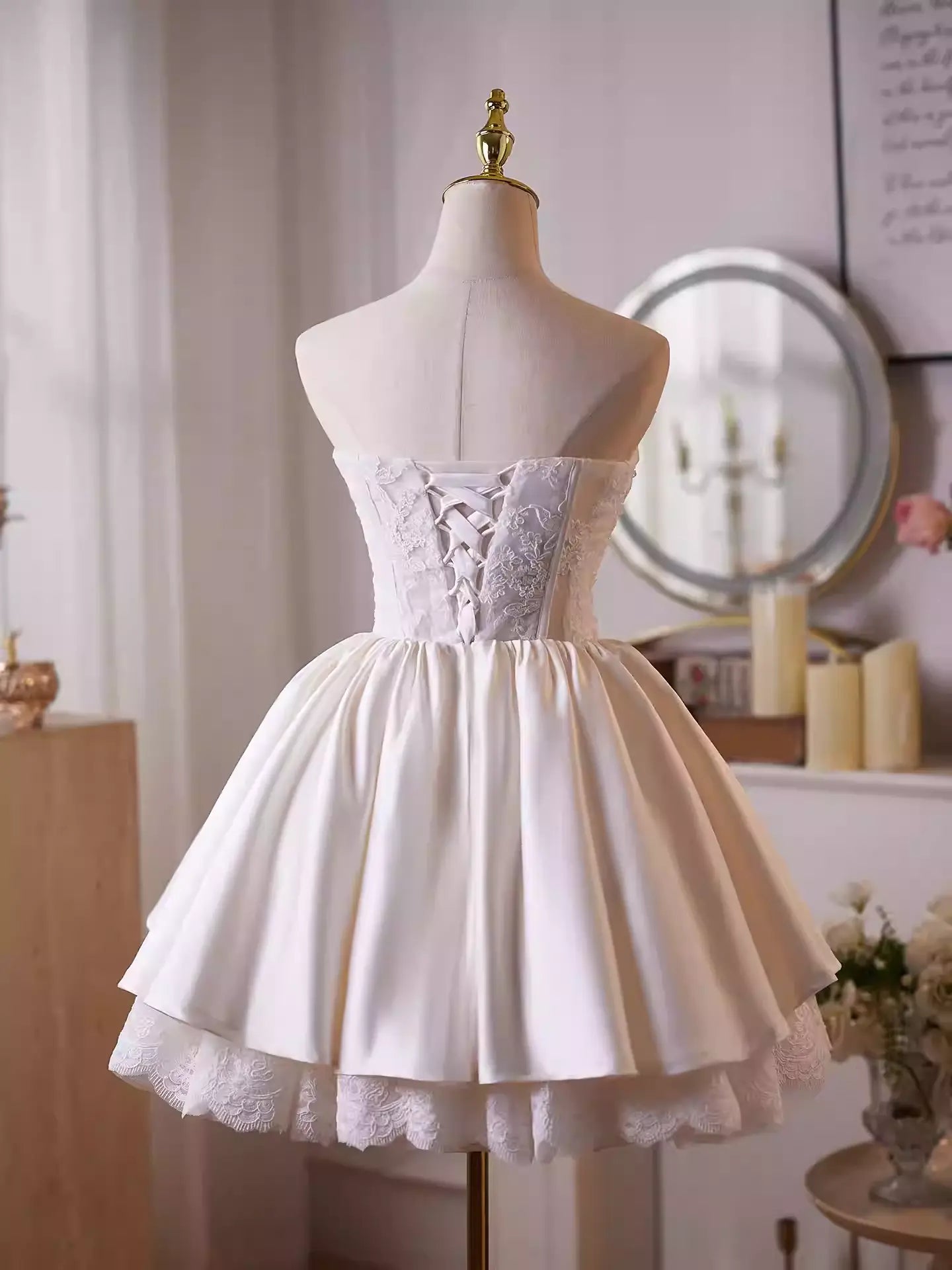 Helen White Flower Strapless Lace Satin Mini Dress Avalabel