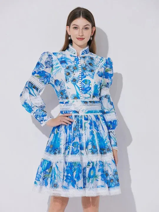 sabrina Lace-paneled printed lantern sleeves mini dress in blue Avalabel