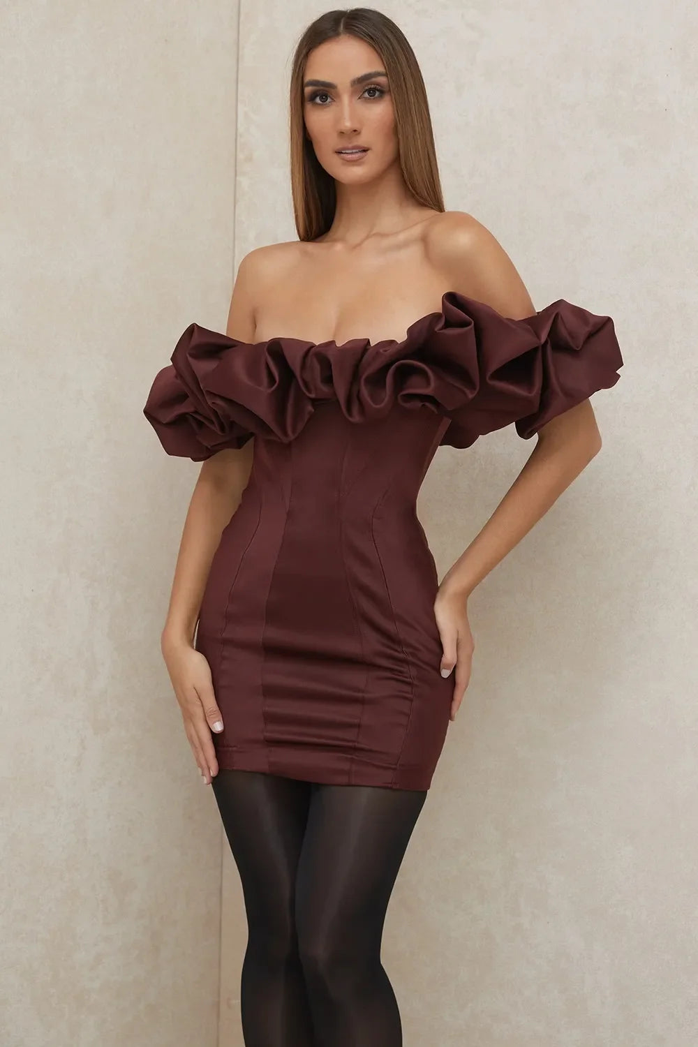 Burgundy Satin Ruffle Strapless Mini Dress Avalabel