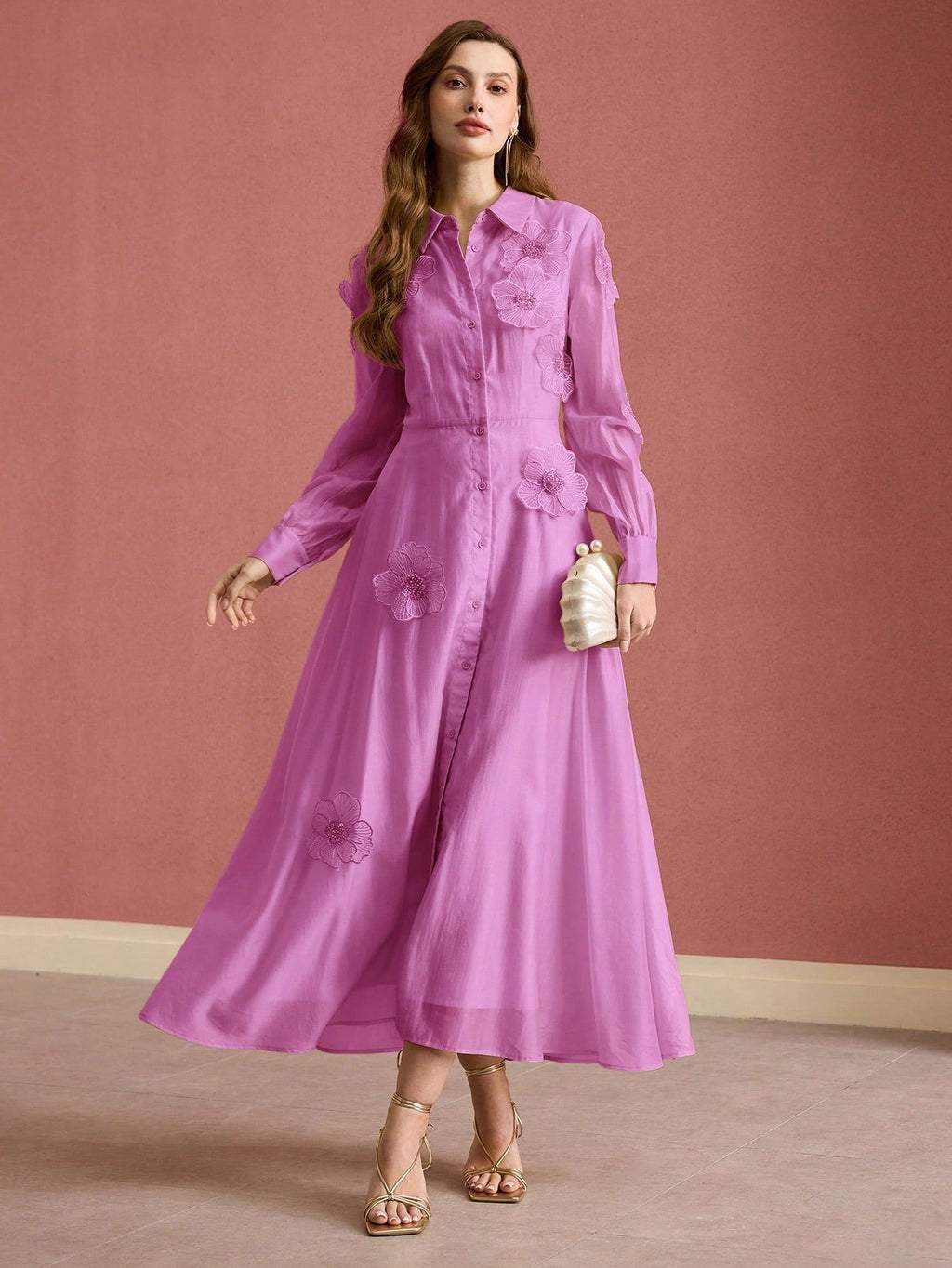 susanna floral Applique Shirt Midi Dress in pink Avalabel