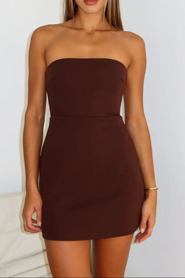 Backless Strapless Slim Mini Dress in Brown Avalabel