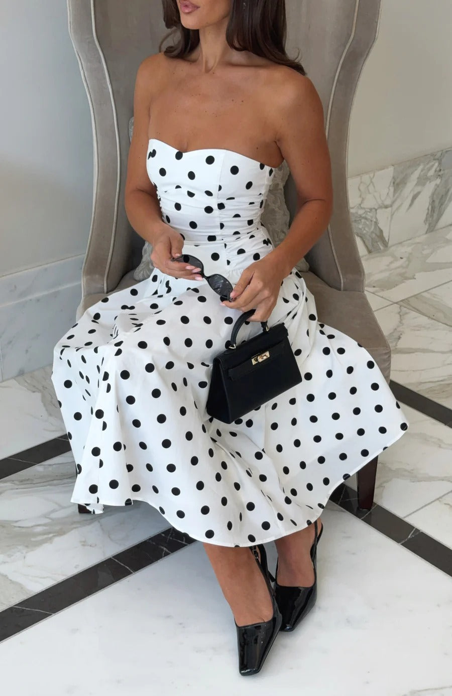 Sandra Polka Dot Strapless Midi Dress in White Avalabel